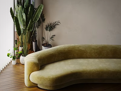 Modern Curved Three-Seater Sofa in Light Yellow with Green Plants and Wooden Floor 3d model