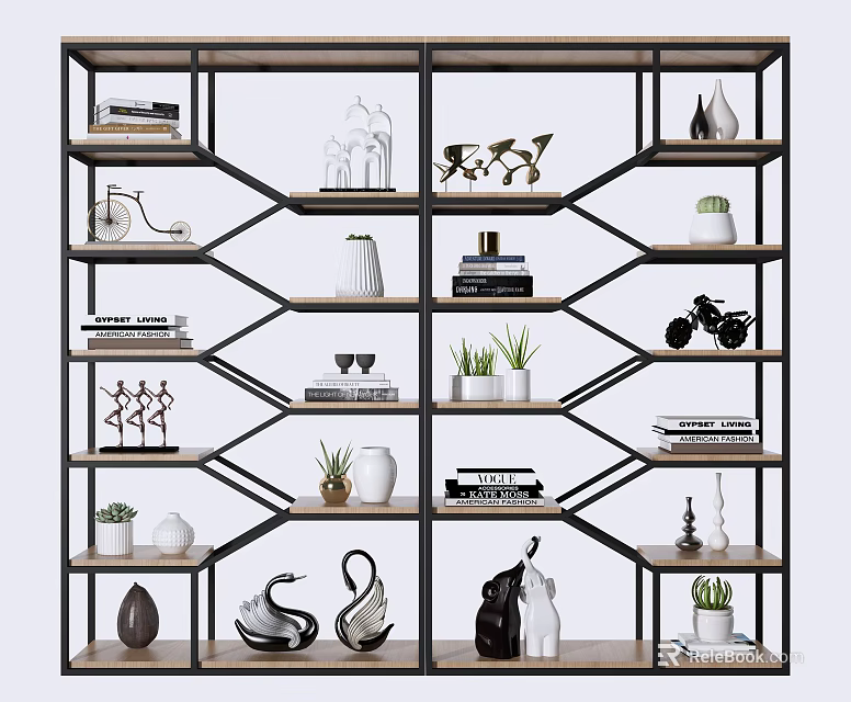 Modern Open Shelving Unit With Wooden Metal Frame Displaying Books Plants Vases And Sculptures 3d model 