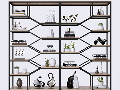 Modern Open Shelving Unit With Wooden Metal Frame Displaying Books Plants Vases And Sculptures 3d model