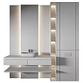 Elegant Modern Washbasin Interior Design With Marble Countertop Backlit Mirror And Gray Cabinet