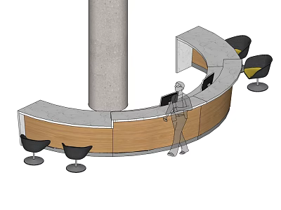 Modern Curved Reception Desk With Gray Countertop Wooden Panel Black Chairs And Staff 3d model
