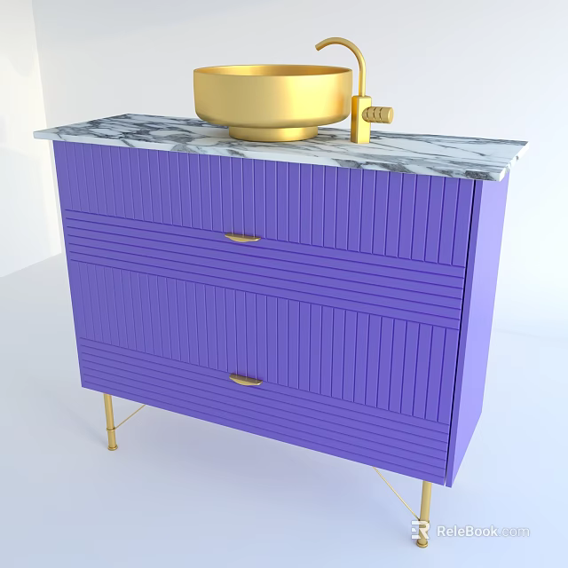 Purple Ribbed Vanity With Marble Countertop Golden Bowl Sink And Gold Legs 3d model 
