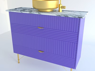 Purple Ribbed Vanity With Marble Countertop Golden Bowl Sink And Gold Legs 3d model