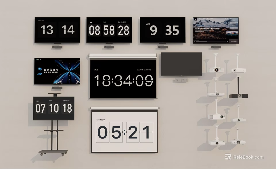 Various Televisions Displayed With Wall Mounts And Stands 3d model 