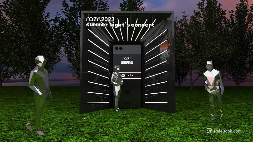 RAZER 2023 Summer Night Concert Photo Spot With Black Installation In Grass Field And Trees 3d model 
