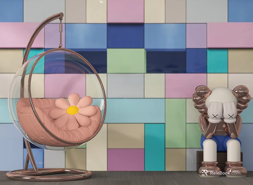 Colorful Square Tile Background Wall with Transparent Hanging Chair and Sculpture 3d model 