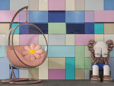Colorful Square Tile Background Wall with Transparent Hanging Chair and Sculpture 3d model