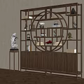Chinese Style Wooden Display Shelf With Circular Design And Decorative Items