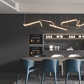 Modern Restaurant Interior With Marble Island Counter Blue Chairs Wine Racks And Hanging Lights