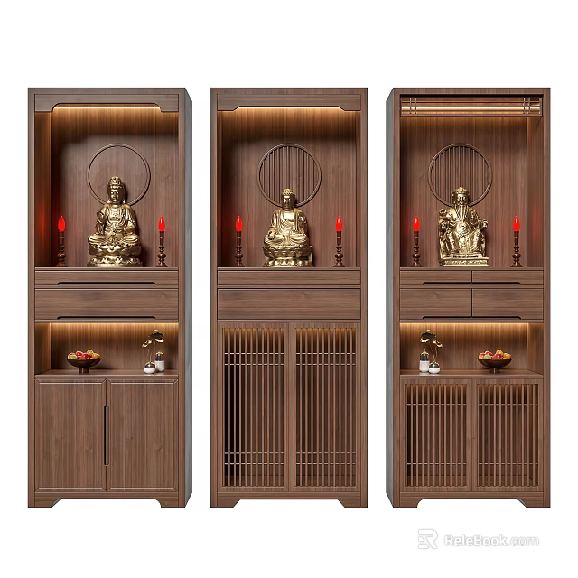 Chinese Style Wooden Buddhist Shrine Cabinet Featuring Buddha Statues Candles And Lattice Doors 3d model 
