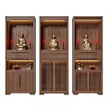 Chinese Style Wooden Buddhist Shrine Cabinet Featuring Buddha Statues Candles And Lattice Doors