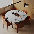 Elegant Round Marble Dining Table Set With Brown Chairs And Wooden Cabinets 3d model