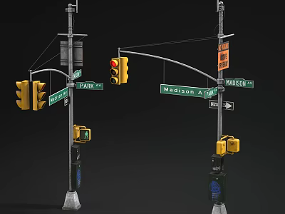Functional Outdoor Lights Featuring Traffic Signals And Street Signs On Urban Lamp Posts 3d model
