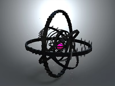 Abstract Black Geometric Mechanical Structure With Circular Rings And Pink Core 3d model