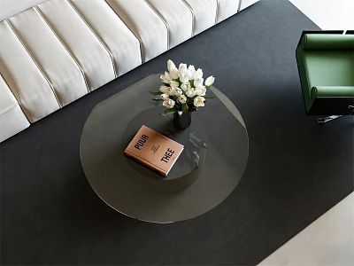 Round Glass Coffee Table With White Flowers Vase And Book Near White Sofa Green Chair 3d model