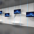 Modern Tech Exhibition Hall With Multiple Screens Red Top Person Using Smartphone Wavy White Decor