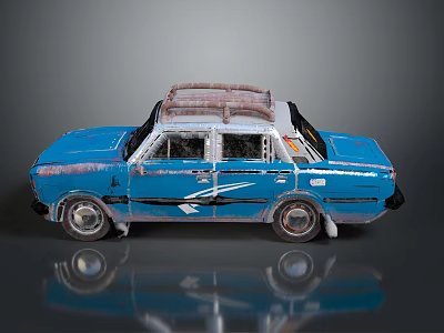 Blue Old Car With Roof Rack And White Stripes Rusty Worn Exterior 3d model