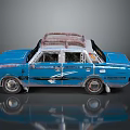 Blue Old Car With Roof Rack And White Stripes Rusty Worn Exterior