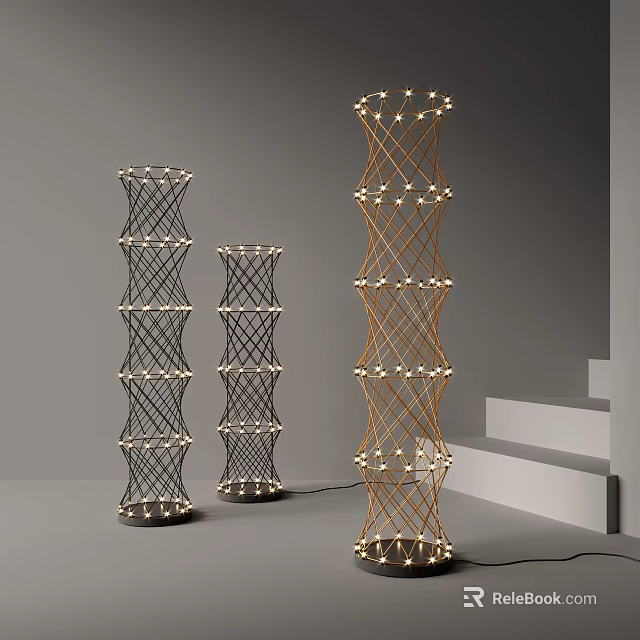 Woven Floor Lamps With Black And Gold Design And Small Bulbs For Interior 3d model 