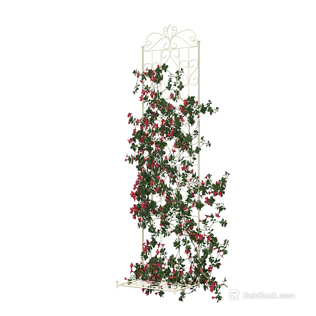 Vine With Green Leaves And Red Flowers Growing On White Metal Trellis 3d model 