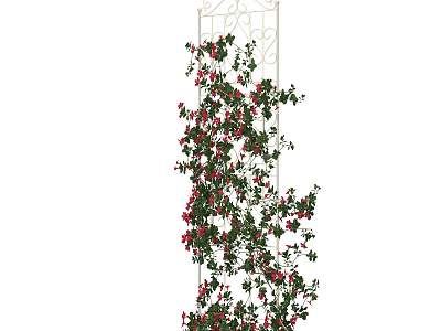 Vine With Green Leaves And Red Flowers Growing On White Metal Trellis 3d model