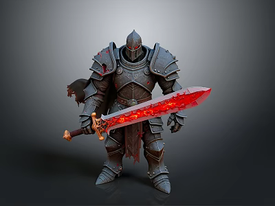 Man Wearing Broken Bloodstained Armor Holding Flaming Red Sword 3d model