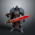 Man Wearing Broken Bloodstained Armor Holding Flaming Red Sword