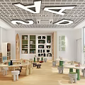 Bright Children Book Art Interior With Wooden Bookshelves And Colorful Tables And Chairs