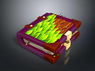 Stylish Purple Storage Box With Green Leafy Pattern And Wooden Decorative Accents 3d model