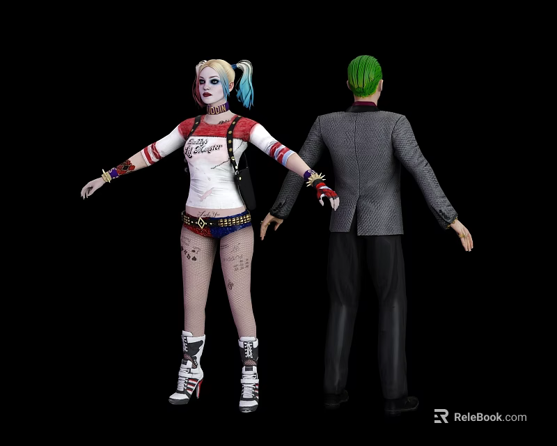 Game Movie Characters With Blue Pink Pigtails White Top Red Sleeves Green Hair Gray Suit 3d model 