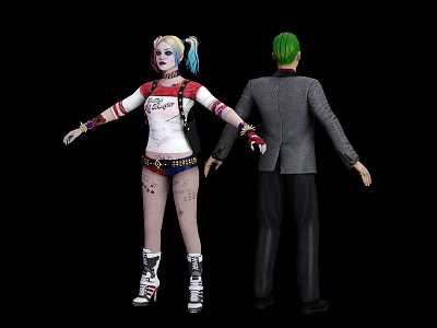 Game Movie Characters With Blue Pink Pigtails White Top Red Sleeves Green Hair Gray Suit 3d model