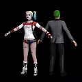 Game Movie Characters With Blue Pink Pigtails White Top Red Sleeves Green Hair Gray Suit
