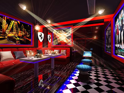 KTV Lounge Interior Featuring Red Sofas Neon Lights Bar Counter And Checkered Floors 3d model
