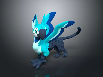 Cartoon Fantasy Character Featuring Blue Winged Spotted Cat Like Creature 3d model
