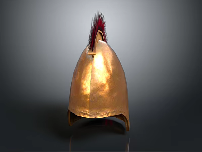 Golden Ancient Weapon Helmet With Red Feather Decoration And Shiny Surface 3d model