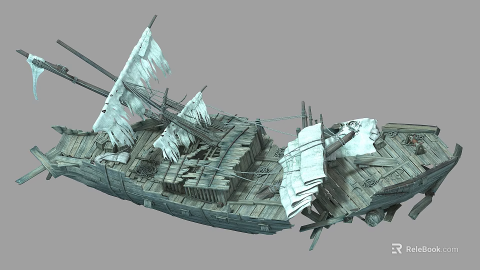 Old Damaged Wooden Ship With Tattered Sails And Broken Hull Structure 3d model 