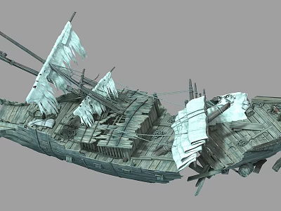 Old Damaged Wooden Ship With Tattered Sails And Broken Hull Structure 3d model