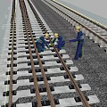 Workers In Yellow Hard Hats Inspecting Railway Track For Safety Maintenance