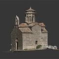 Stone Built Church Model Featuring Red Tiled Roof Bell Tower And Small Doorway