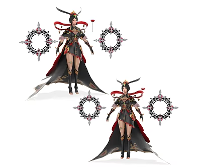 Fantasy Game Character With Elaborate Red And Black Costume Decorative Ribbons And Circular Ornaments 3d model
