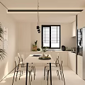 Modern Restaurant Kitchen Interior With White Cabinets White Countertops Black Refrigerator And Dining Chairs
