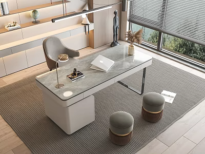 Modern Marble Top Desk With Grey Chair Table Lamp Open Notebook And Stools On Rug 3d model