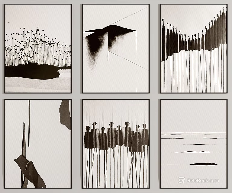 Abstract Black And White Art Paintings With Modern Lines And Shapes 3d model 