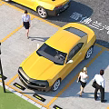 Yellow Chevrolet Sports Car Parked In Lot With Pedestrians And Parking Lines