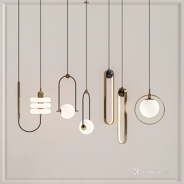 Modern Pendant Lights With Geometric Shapes Metallic Frames And White Shades 3d model 
