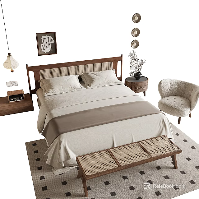 Elegant Double Bed with Wooden Woven Headboard Bench Nightstands Table Lamp and Accent Chair 3d model 