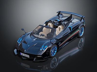 Black Pagani Convertible Sports Car With Blue Wheels Beige Seats And Colorful Stripes 3d model