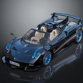 Black Pagani Convertible Sports Car With Blue Wheels Beige Seats And Colorful Stripes