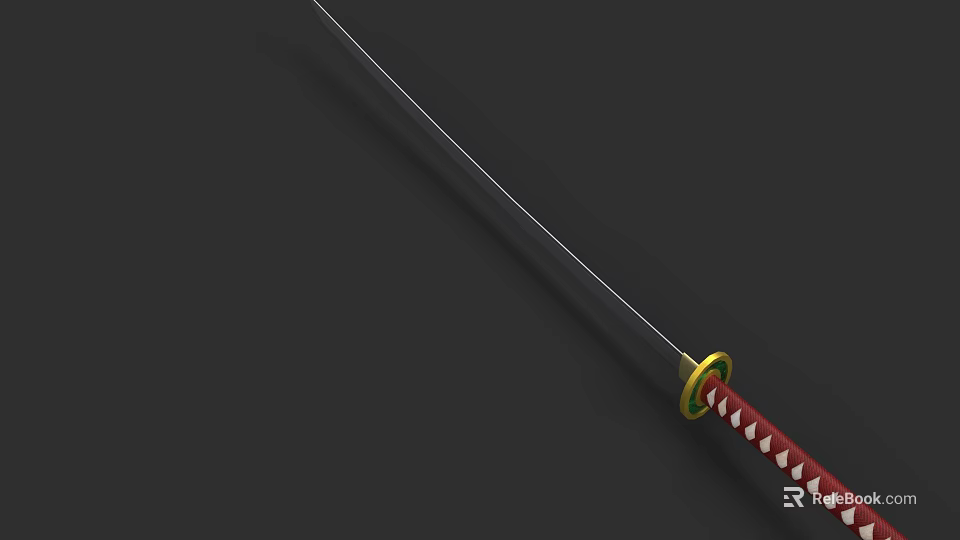 Traditional Katana Weapon With Sharp Blade And Red White Striped Handle On Black Background 3d model 