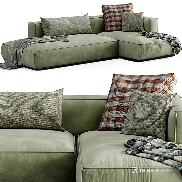 Cozy Green Fabric Sectional Sofa With Patterned Pillows And Throw Blanket 3d model
